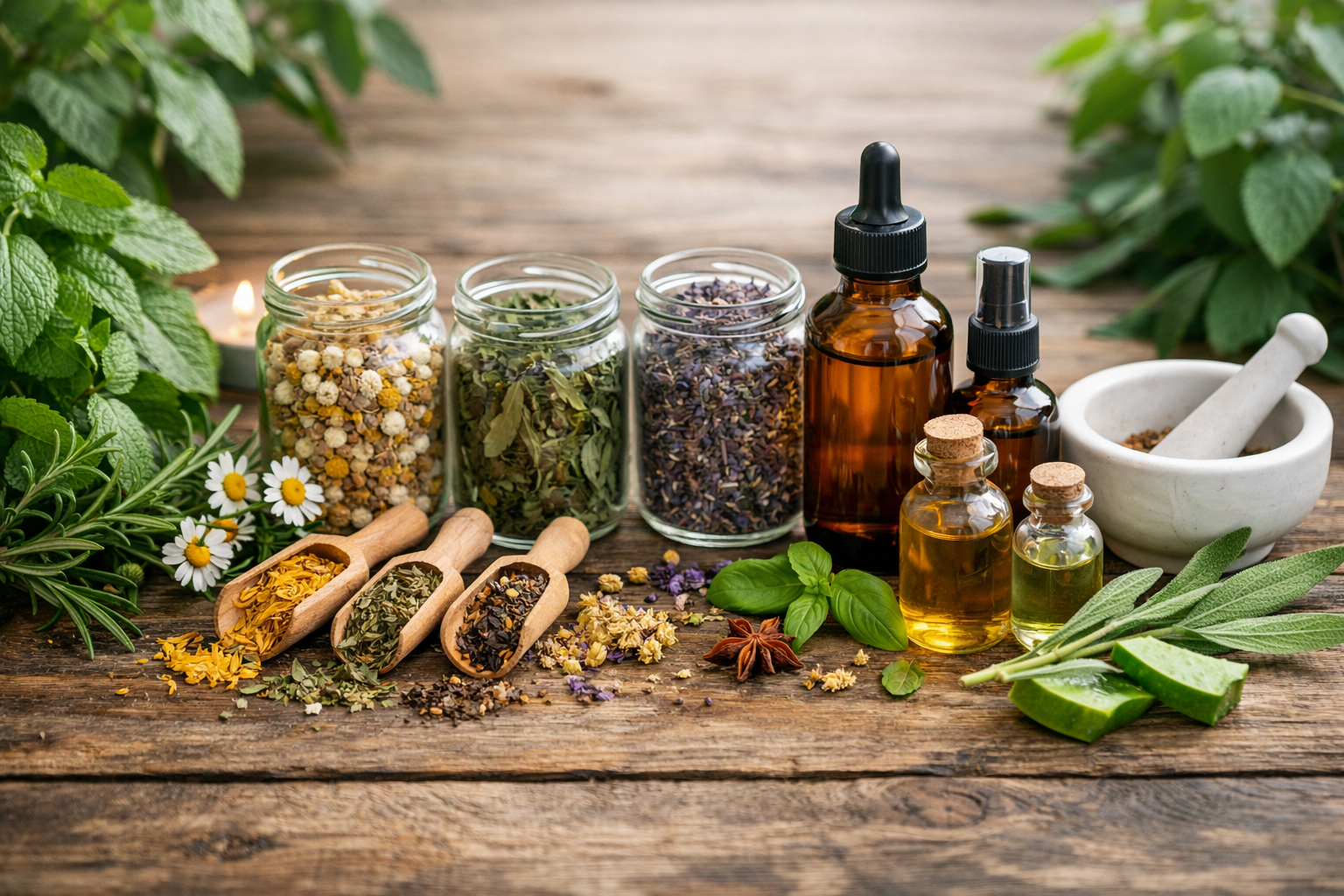 Natural herbal ingredients arrangement on wooden surface with fresh green leaves, dried herbs in glass jars, and botanical extracts in amber bottles, soft natural lighting, wellness lifestyle photography