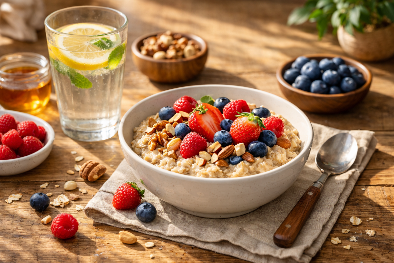 Morning healthy breakfast scene with oatmeal bowl topped with fresh berries and nuts, glass of lemon water, natural wooden table setting, bright morning sunlight, lifestyle wellness photography